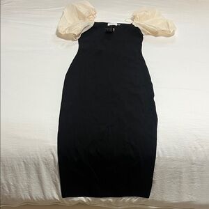 Vestique Black Midi Dress with Cream Sleeves